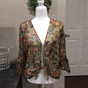 Multi colored sheer tie front shrug.